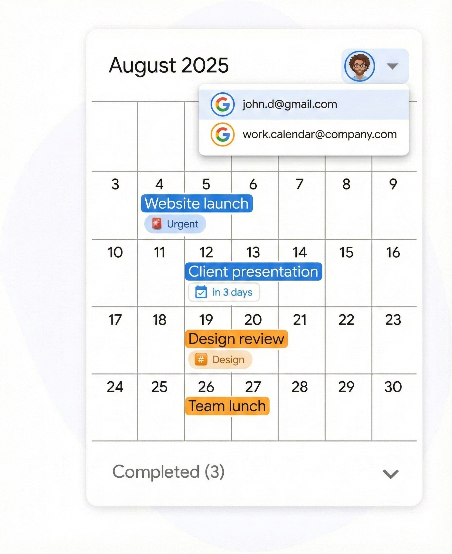 Account selector showing events from multiple Google accounts in different colors