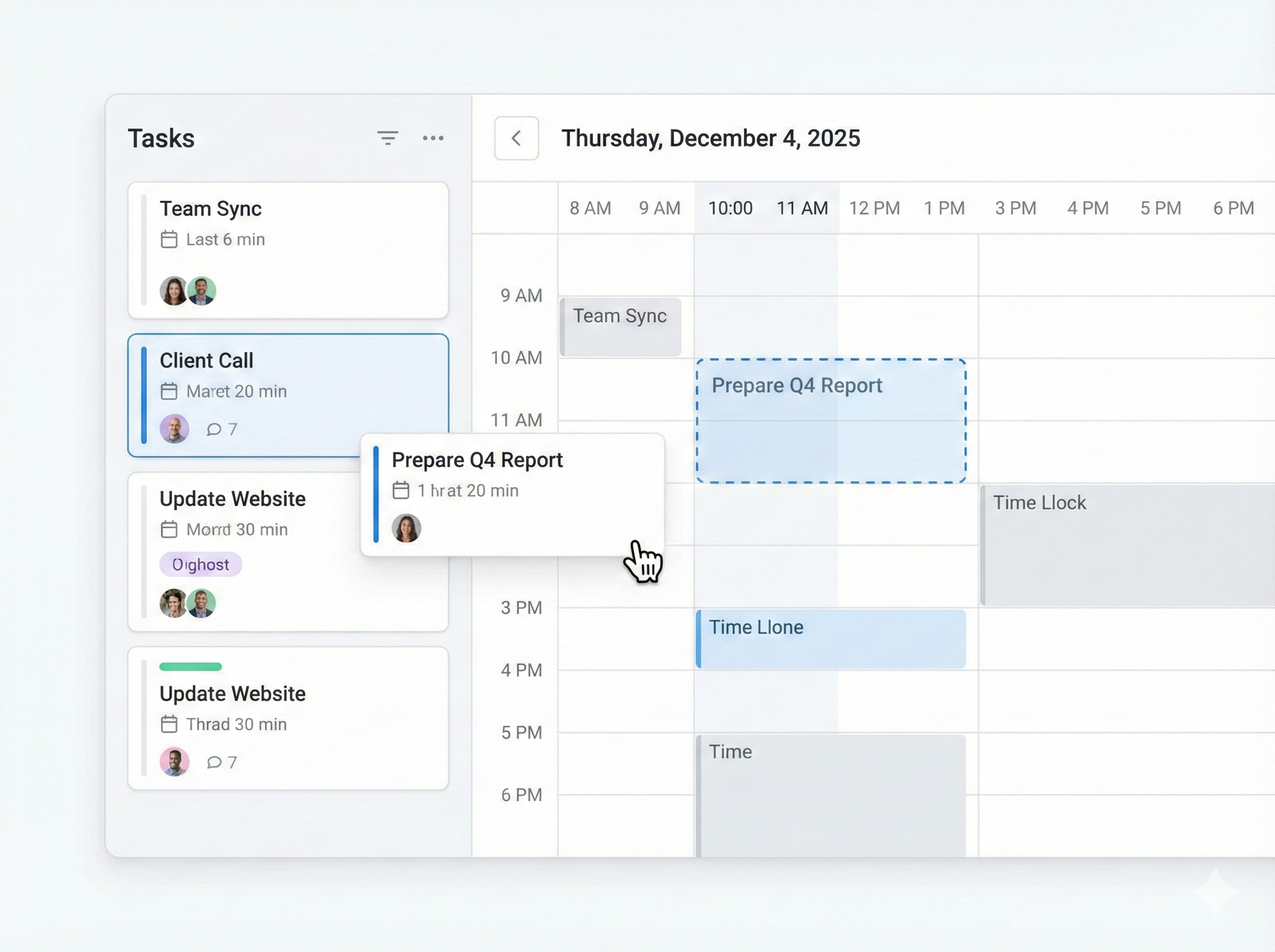 Task being dragged onto calendar to create a time block