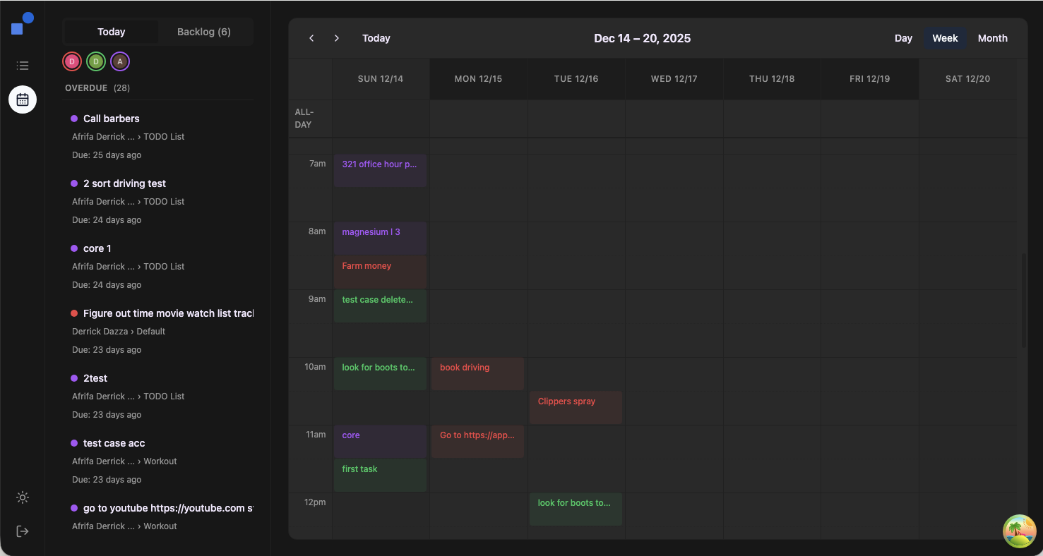 Task Fusion app showing Planner View with calendar and tasks from multiple Google accounts (dark mode)