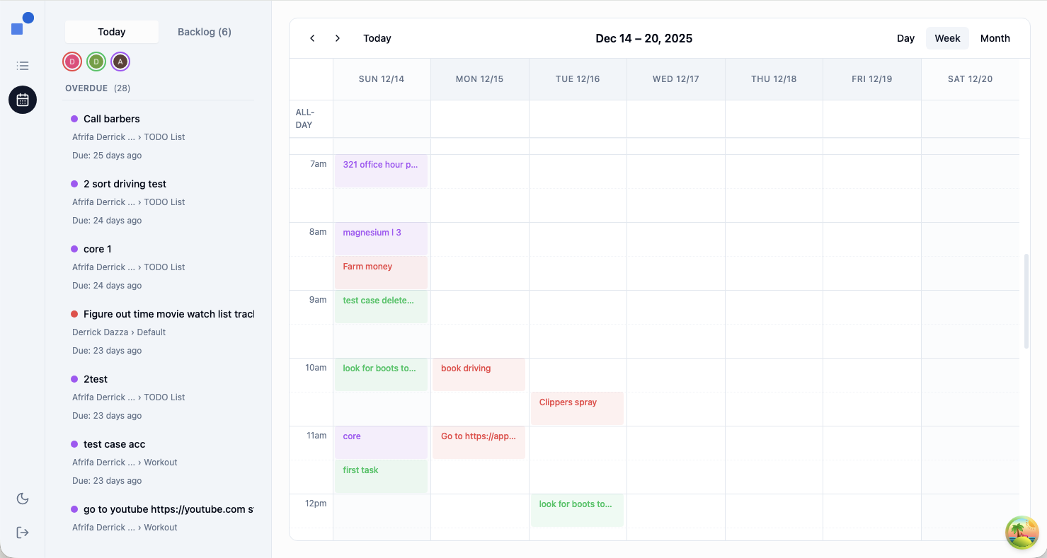 Task Fusion app showing Planner View with calendar and tasks from multiple Google accounts