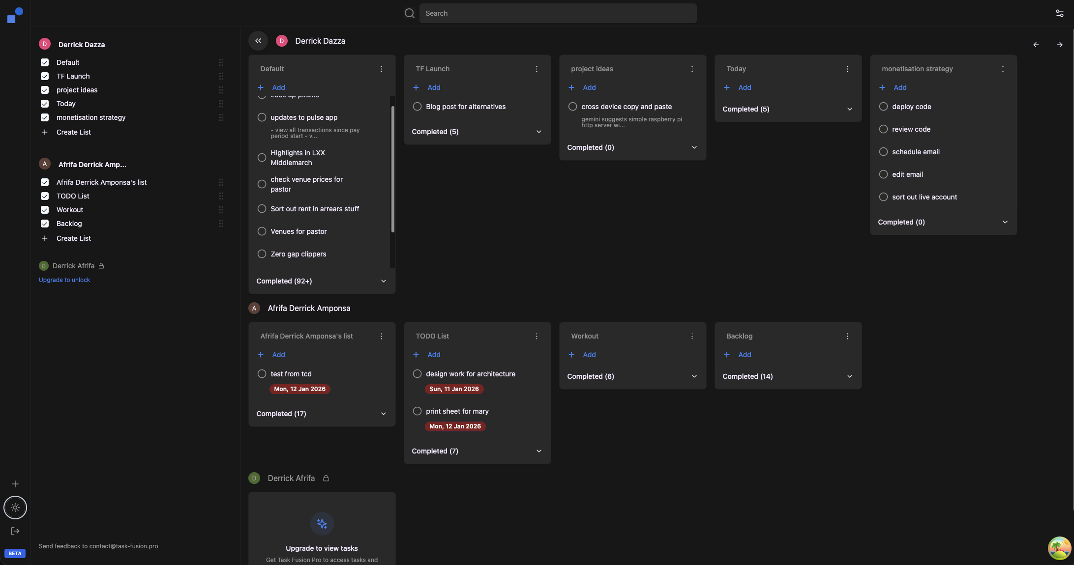 Task Fusion app showing tasks from multiple Google accounts in one unified view (dark mode)